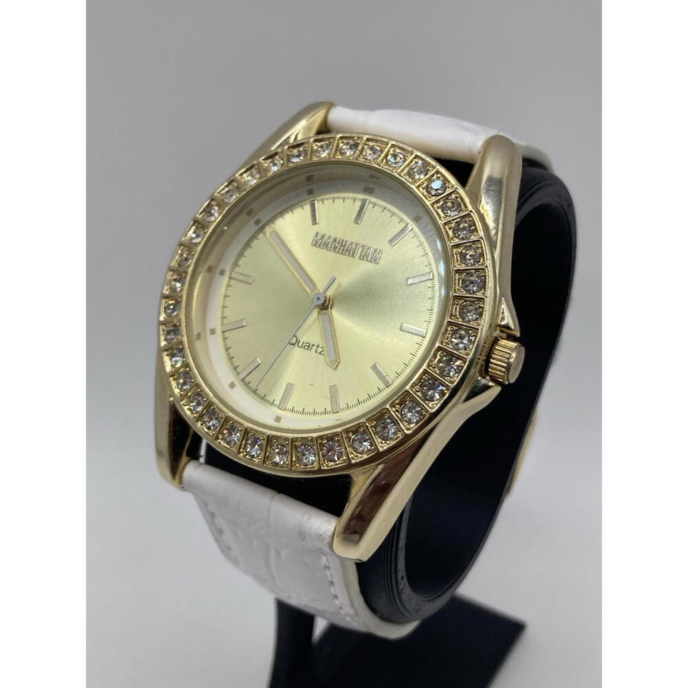 New Women’s Manhattan Watch Gold Tone 40mm Case White Band